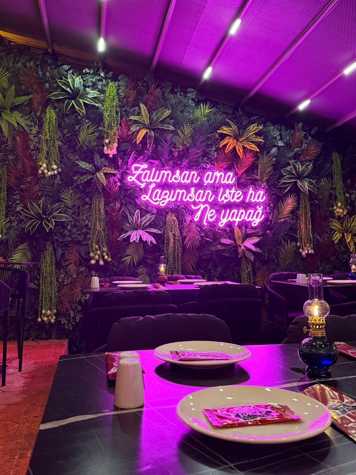 Sokak Karaköy neon ışıklı bahçe duvarı